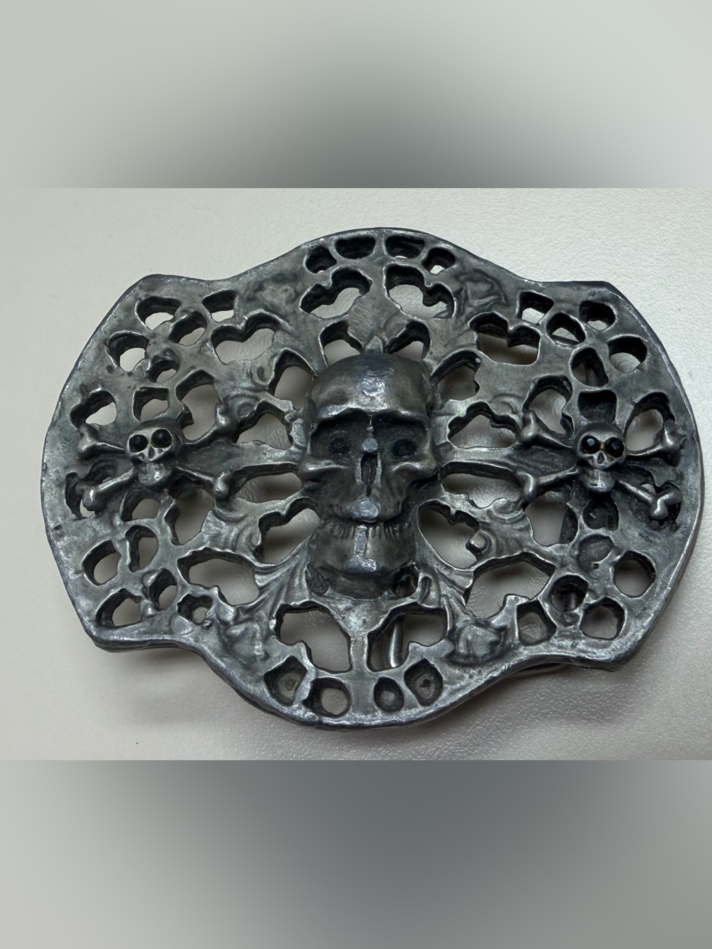 Vintage 70s Ornate Pewter Skull Crossbones Belt Buckle Rhinestone Eyes 3.5"